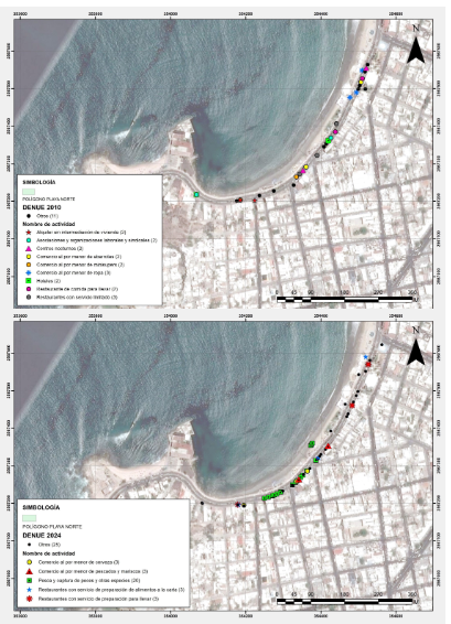 Unidades econ�micas en la zona de Playa Norte, 2010 y 2024