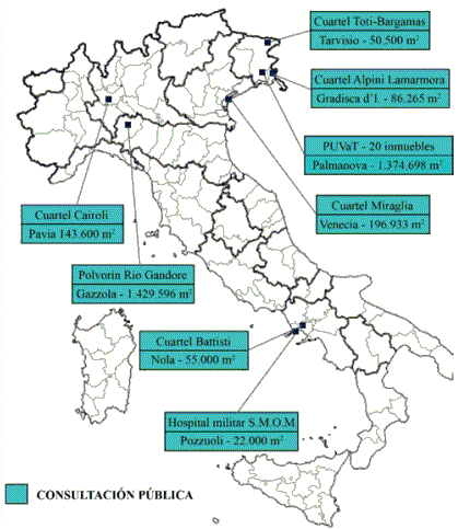 Localizaci&oacute;n de las instalaciones militares involucradas en las consultas p&uacute;blicas