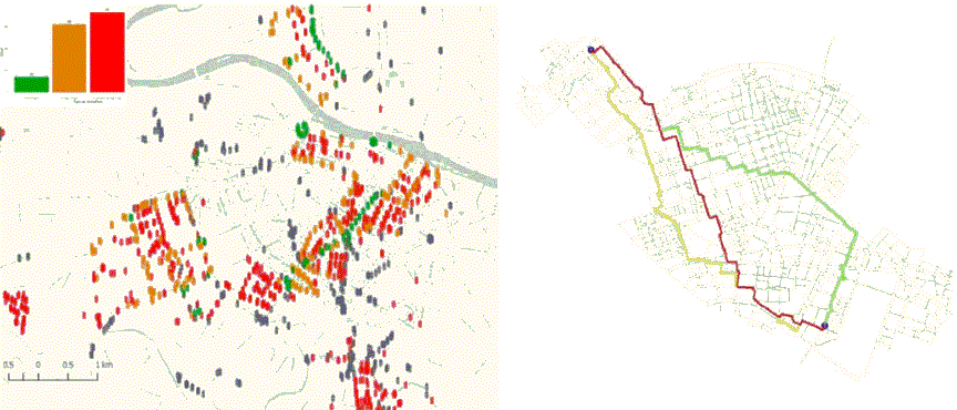 Ejemplo de mapa tem&aacute;tico seg&uacute;n tipo de sem&aacute;foros en Zaragoza (izquierda) y de c&aacute;lculo de ruta m&aacute;s corta, accesible y practicable entre dos puntos en Valencia (derecha)