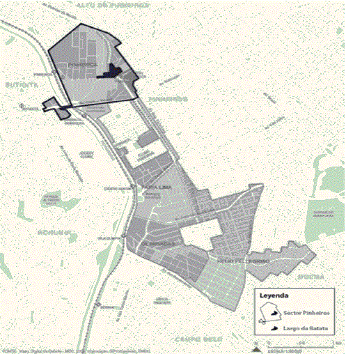 Mapa 1. Localizaci&oacute;n del sector Pinheiros y del Largo da Batata
