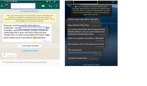 Capturas de mensaje de alumno y profesora.