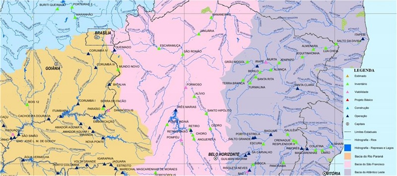 Parte do Estado de Minas Gerais e as Usinas Hidrelétricas maiores de 50MW em operação, em construção, com estudos de viabilidade e inventariadas
