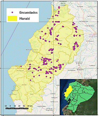 Localización geográfica de la provincia de Manabí, Ecuador. Nota: La figura representa el espacio físico estudiado para determinar la cadena de valor del cacao a lo largo de la provincia.