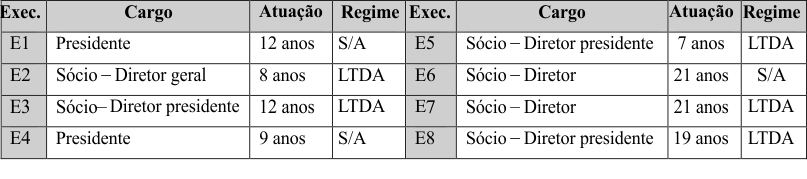 Quadro 3 &ndash; Perfil dos
executivos entrevistados