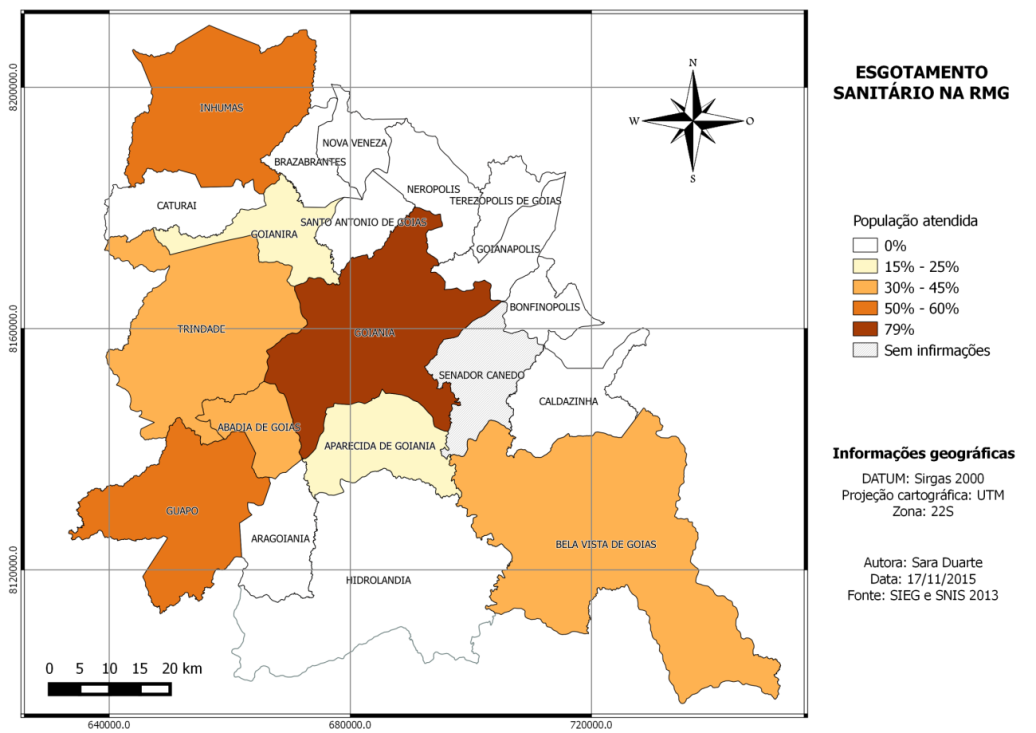 Figura 3 &ndash; Percentagem da popula&ccedil;&atilde;o atendida com
esgotamento sanit&aacute;rio nos munic&iacute;pios da Regi&atilde;o Metropolitana de Goi&acirc;nia