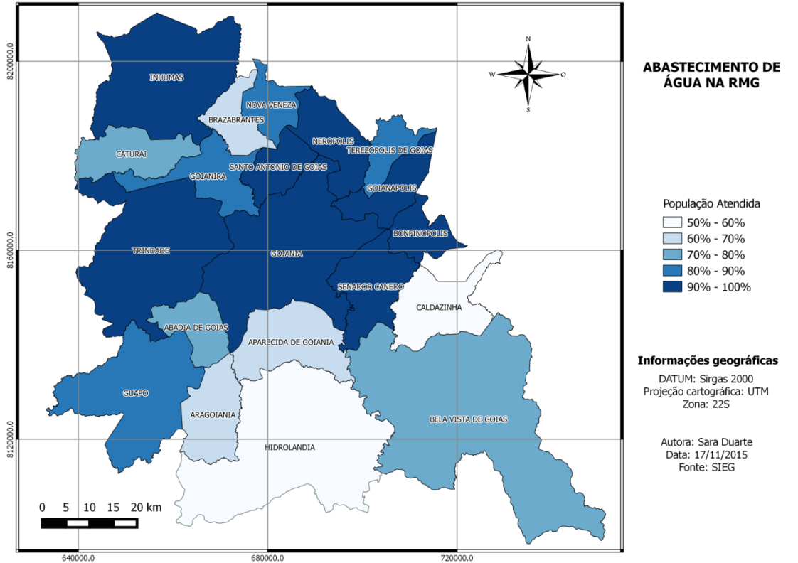 Figura 4 &ndash; Percentagem da popula&ccedil;&atilde;o
atendida com abastecimento de &aacute;gua nos munic&iacute;pios da Regi&atilde;o Metropolitana de
Goi&acirc;nia