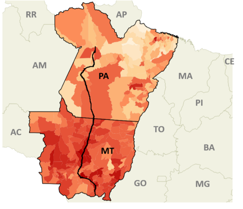 Figura
2 – Traçado da BR-163 no Mato Grosso e no
Pará 

 