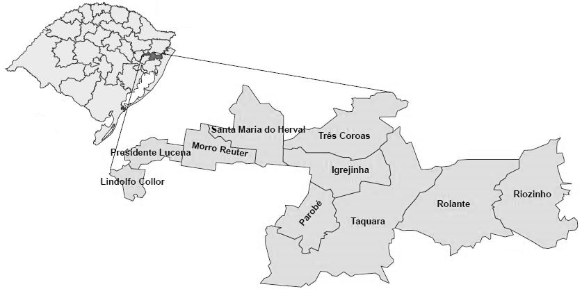 Figura
1 &ndash; Munic&iacute;pios que fazem parte do Conselho Regional de Desenvolvimento
Paranhana e Encosta da Serra 

 