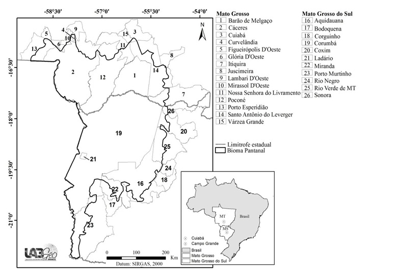 Figura 1 &ndash; Distribui&ccedil;&atilde;o dos munic&iacute;pios mato-grossenses e sul-mato-grossenses no bioma Pantanal