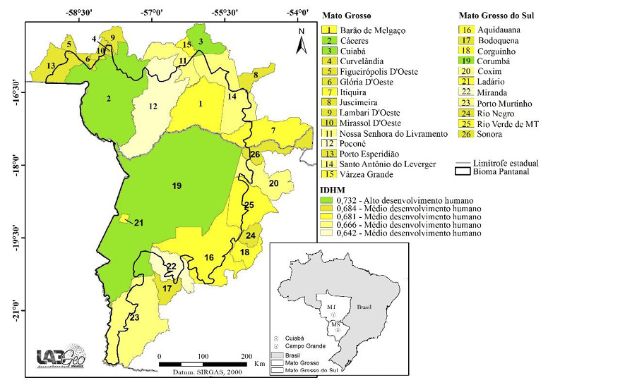 Figura 3 &ndash; Espacializa&ccedil;&atilde;o do IDHM (m) dos munic&iacute;pios no bioma Pantanal nos per&iacute;odos de funda&ccedil;&atilde;o e/ou emancipa&ccedil;&atilde;o