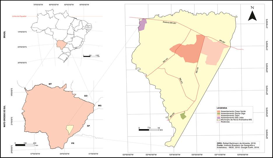 – Mapa da localização dos assentamentos rurais no município de Nova Andradina no âmbito de Brasil e Estado de Mato Grosso do Sul