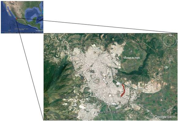 Localización del Parque Ecológico de Tepic, señalado en rojo, dentro de la ciudad de Tepic, Nayarit, México (imagen tomada de Google Earth© Google Inc., 30/04/2016).