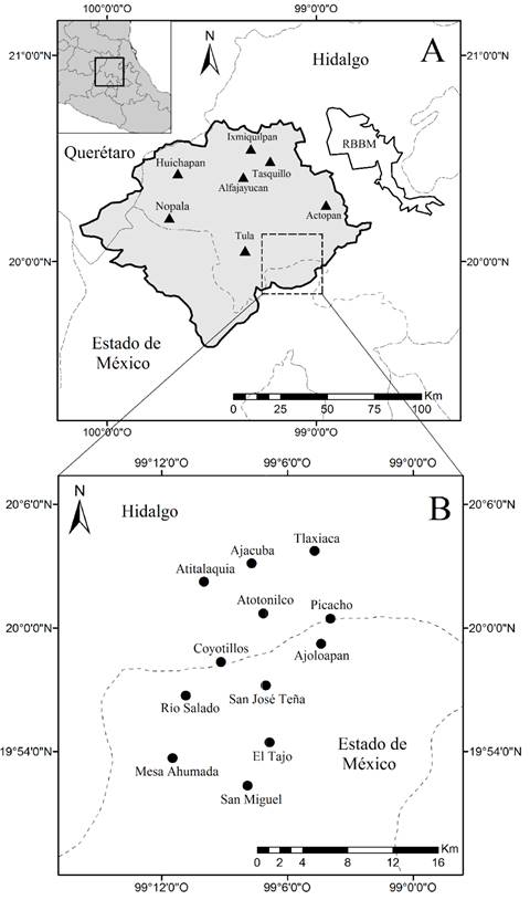 (A) Ubicaci&oacute;n general del Valle del Mezquital (modificado de L&oacute;pez 2005). Se muestra la divisi&oacute;n pol&iacute;tica estatal y algunas localidades mencionadas en la Introducci&oacute;n. La Reserva de la Biosfera Barranca de Metztitl&aacute;n (RBBM) es el &Aacute;rea Natural Protegida m&aacute;s pr&oacute;xima al sitio de estudio. (B) Sureste del Valle del Mezquital.