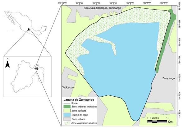 Ubicación geográfica de la Laguna de Zumpango en el Estado de México, con los principales tipos de hábitat presentes en la zona.
