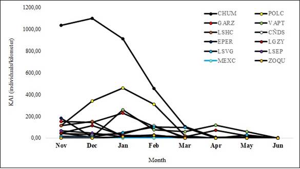 Spatial and temporal variation of the Kilometer Abundance Index (KAI) of American Avocets in Marismas Nacionales over the winter. (CHUM=Chumbeño, GARZ=Las Garzas, LSHC=Las Haciendas, EPER=Estero Pericos, LSVG=Las Vírgenes, MEXC=Mexcaltitán, POLC=La Polca, VAPT=Valle de los Patos, CÑDS=Cañadas, LGZY=La Zolyata, LSEP=Los Espejos and ZOQU=Zoquipan).