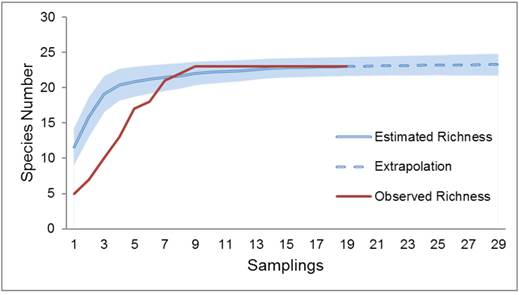 Observed and estimated species accumulation curves. The shadow area indicates the upper and lower 95% confidence intervals.