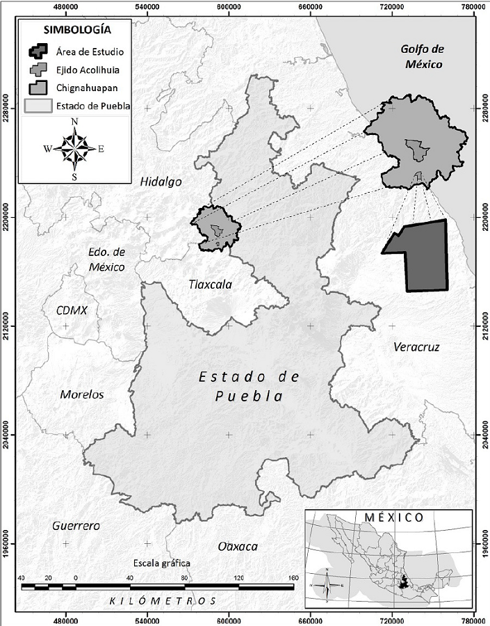 Ubicación de las áreas de producción forestal del ejido Acolihuia, Chignahuapan, Puebla.