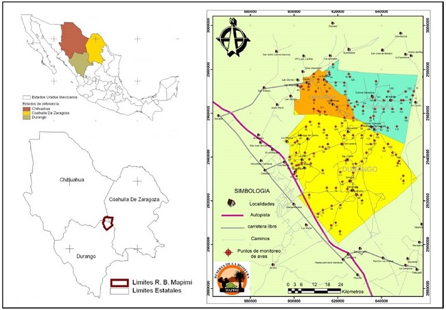 Ubicación de la Reserva de la Biosfera Mapimí y puntos de conteo de aves.