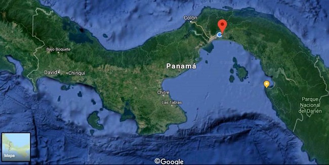 Localización geográfica -punto rojo- donde se realizó la observación de B. constrictor depredando a una lechuza de campanario (Tyto furcata), Pacora, República de Panamá.