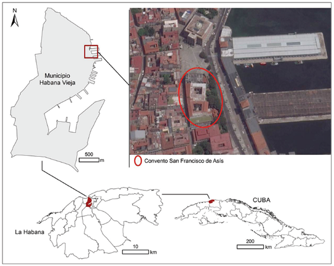Ubicación geográfica del Convento San Francisco de Asís (23°08’13” N, 82°20’54” W), municipio Habana Vieja, La Habana, Cuba. Figura tomada de García-Lau, y Vives (2016).