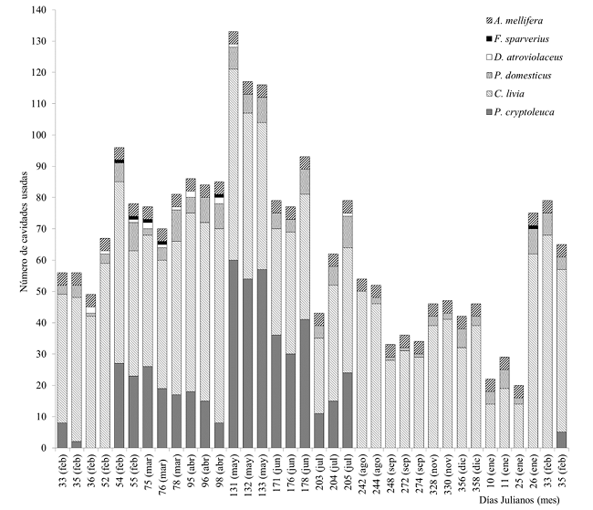 Variación temporal del número de cavidades usadas por cinco especies de aves y la abeja doméstica (Apis mellifera) en el Convento San Francisco de Asís, La Habana (total de cavidades disponibles: n = 351).