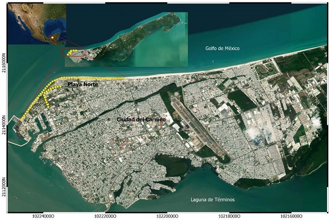 Study area and survey transects&rsquo; location in the shoreline and adjacent urban area of Playa Norte Ciudad del Carmen, Campeche. The yellow dotted lines show the location of the surveyed transects from January 2012 to December 2016.