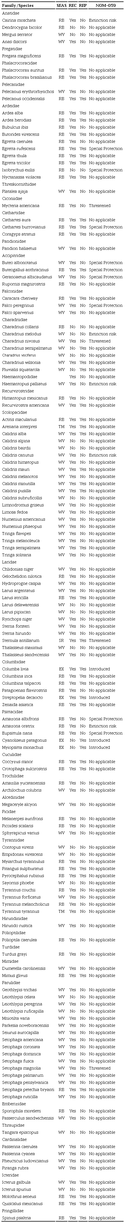 List of bird species recorded at the coastline of Isla del Carmen, Campeche, from 2012-2016. Data on seasonality (SEAS), previous (REC = YES) or novel records (REC = NO), reproductive activity (REP), and conservation status (NOM-059) are shown. The categories for seasonality are: RB = resident breeder, WV = winter visitor, TM = transient, EX = exotic. REP was determined either by the presence of nests and juveniles or by the presence of reproductive plumage in more than one month during the local reproductive season (April to September) in more than one year.