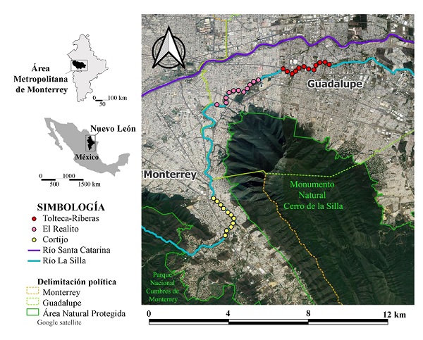 Ubicación de los puntos de conteo en tres sitios del Río La Silla en el área metropolitana de Monterrey, Nuevo León, México