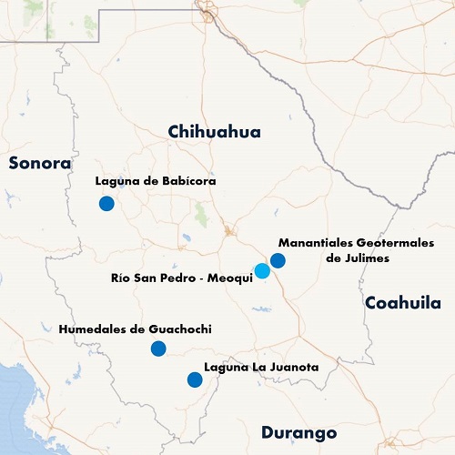 Ubicación de los cinco Humedales de Importancia Internacional en el Estado de Chihuahua, México. Mapa creado en MapHub (Haslhofer et al. 2011, Simon et al. 2011).