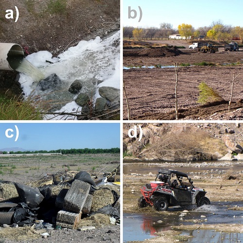 Problemática del Río San Pedro, Meoqui, Sitio Ramsar No. 2047. a) Año 2020, b) Año 2015, c) Año 2018 y d) Año 2009.