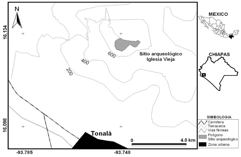 Ubicación del sitio arqueológico Iglesia Vieja, a 711 m.s.n.m en las estribaciones de la Sierra Madre de Chiapas.