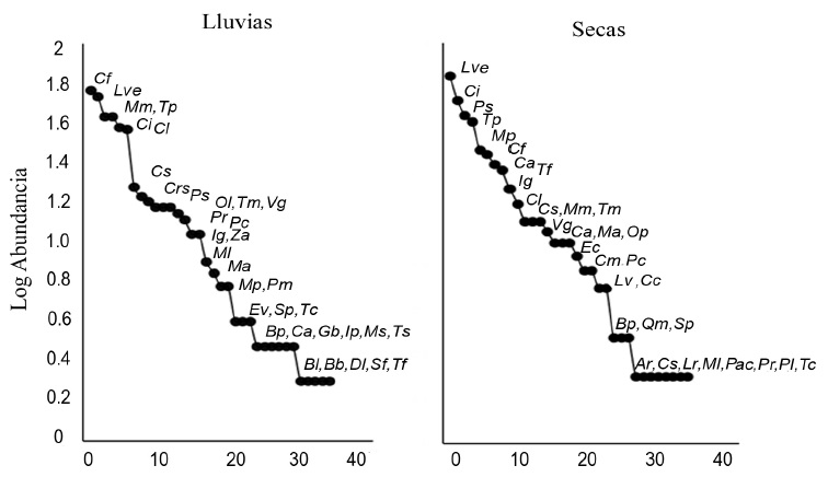 Curvas rango-especie para la avifauna del sitio arqueológico Iglesia Vieja en dos temporadas climáticas. Ar (Amazilia rutila), , Bb (Buteo brachyurus), Bl (Basileuterus lachrymosus), Bp (Buteo plagiatus), Ca (Cathartes aura), Cc (Cyanerpes cyaneus), Cf (Calocitta formosa), Ci (Columbina inca), Cl (Chiroxiphia linearis), Cm (Cassiculus melanicterus), Crs (Crotophaga sulcirostris), Cs (Contopus sordidulus), Dl (Dryocopus lineatus), Ec (Eupsittula canicularis), Ev (Empidonax virescens), Gb (Glaucidium brasilianum), Ig (Icterus gularis), Ip (Icterus pustulatus), Lr (Leiothlypis ruficapilla), Lve (Leptotila verreauxi), Lv (Leucolia viridifrons), Ma (Melanerpes aurifrons), Ml (Myiodynastes luteiventris), Mm (Momotus mexicanus), Mp (Megarhynchus pitangua), Ms (Myiozetetes similis), Ol (Ortalis leucogastra), Op (Ortalis poliocephala), Pc (Piaya cayana), Pac (Passerina cyanea)Pl (Pheucticus ludovicianus), Pm (Pheugopedius maculipectus), Pr (Peucaea ruficauda), Ps (Pitangus sulphuratus), Qm (Quiscalus mexicanus), Sf (Setophaga fusca), Sp (Setophaga petechia), Tc (rogon collaris), Tf (Tyrannus forficatus), Tm (Tyrannus melancholicus), Tp (Thryophilus pleurostictus), Ts (Tityra semifasciata), Vg (Vireo gilvus), Za (Zenaida asiatica).