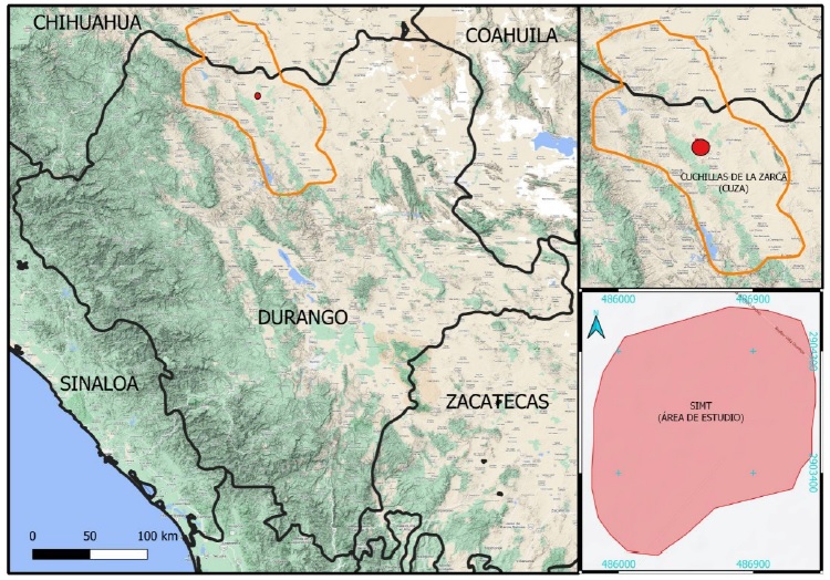 Localización del área de estudio en la Región Prioritaria para la Conservación de Pastizales, Cuchillas de la Zarca, Durango, México.