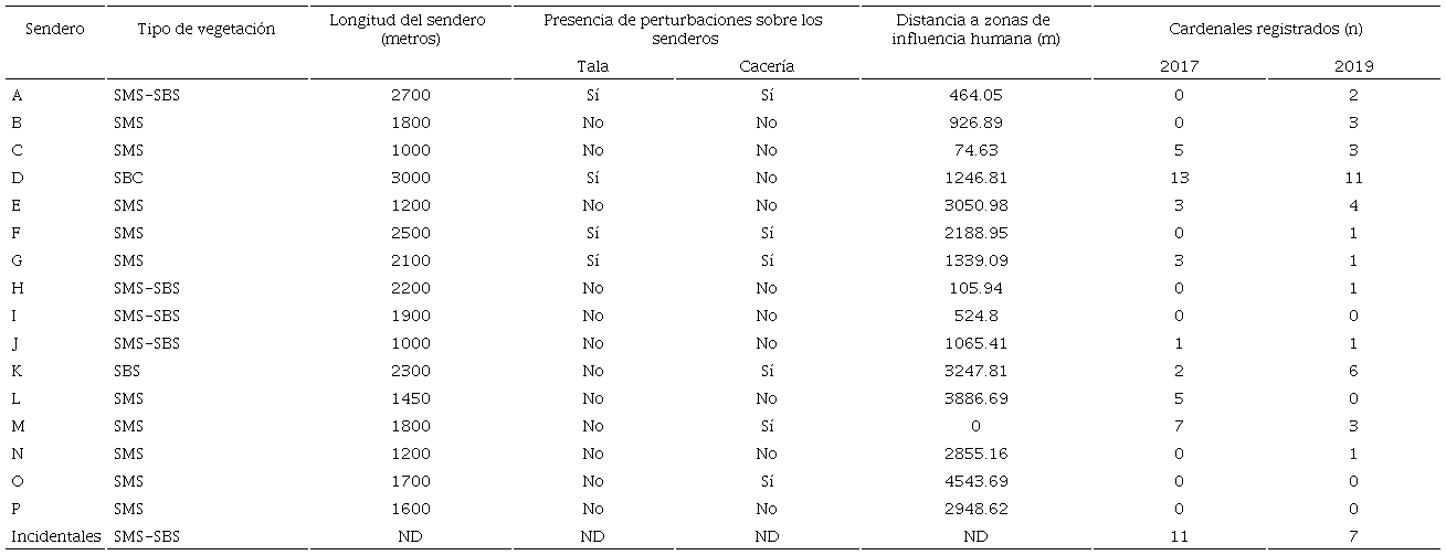 Senderos de estudio en la Isla Cozumel. Se indican las características de cada sendero, así como la presencia de perturbaciones, la distancia a la zona de influencia humana más cercana, el número total de individuos de cardenal rojo registrados en cada sendero. La letra asignada a cada sendero corresponde a las usadas en la Figura 1. SMS = selva mediana subcaducifolia, SBS = selva baja subcaducifolia, ND = ningún dato.