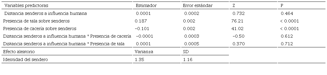 Resumen del modelo lineal generalizado mixto (GLMM) evaluando si la probabilidad de encuentro con un cardenal rojo de Isla Cozumel está influenciada por la distancia entre los senderos y las zonas de influencia humana, así como por la presencia de tala y cacería sobre los senderos de estudio. Los asteriscos representan la interacción entre dos variables predictoras.