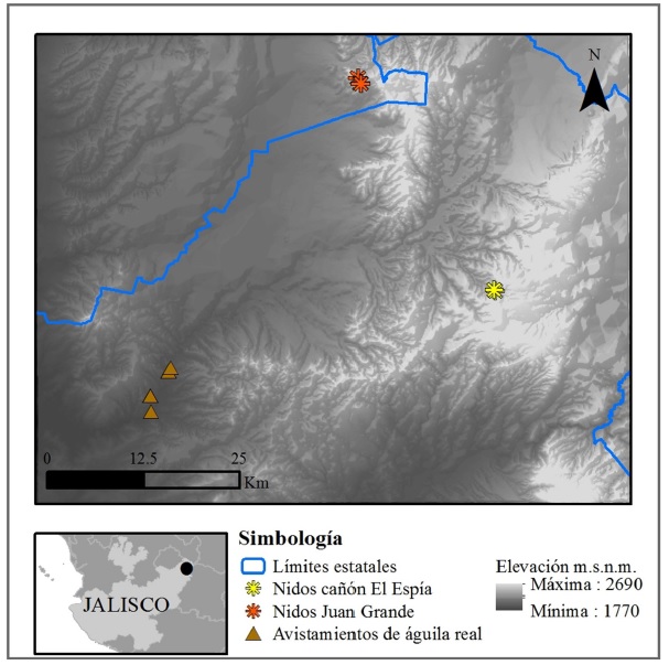 Localización de los nidos del Cañón El Espía y avistamientos de águila real (2015, 2021, 2022) y su relación con nidos previamente reportados en Juan Grande, Jalisco. 