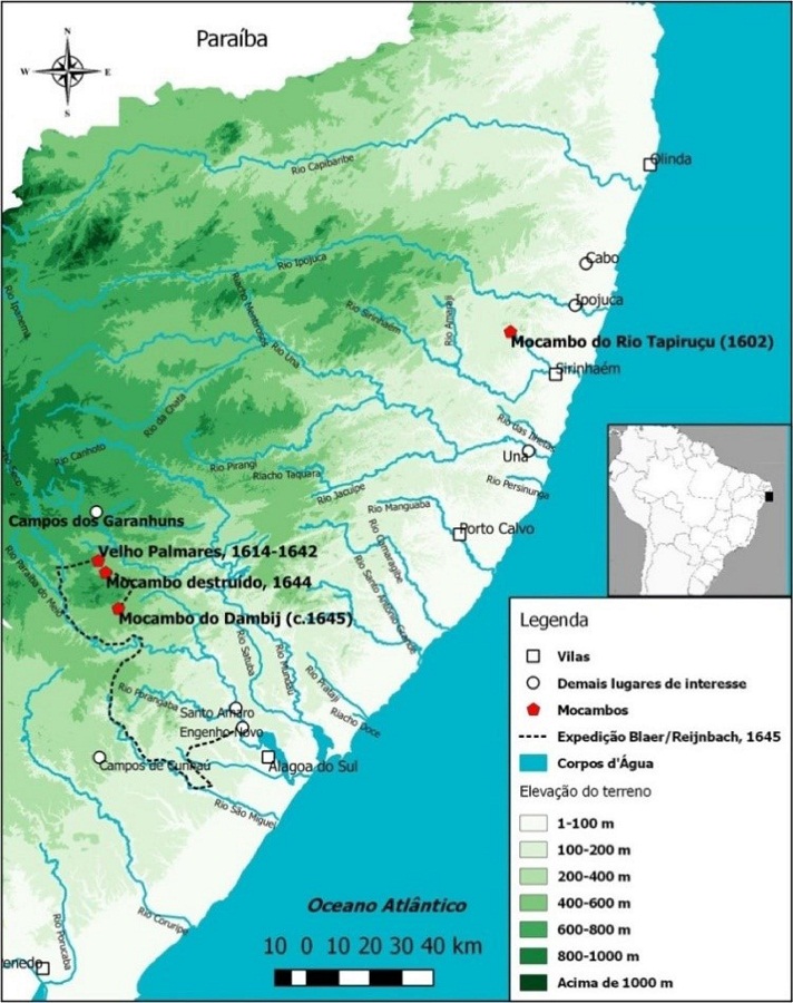 : Mapa dos mocambos atacados entre c.1600-1654, elaborado por Felipe Damasceno em 2018