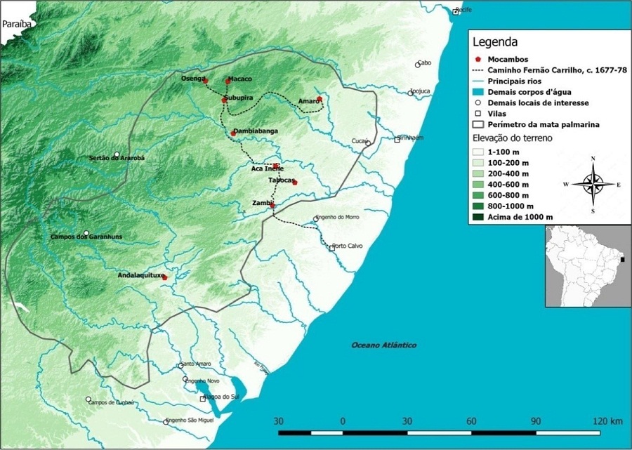 : Mapa dos mocambos de Palmares a partir da Relação, c.1674, elaborado por Felipe Damasceno em 2018