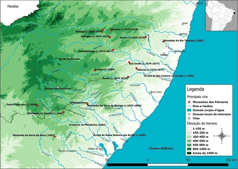 : Mapa dos mocambos de Palmares no século XVII, elaborado por Felipe Damasceno em 2018