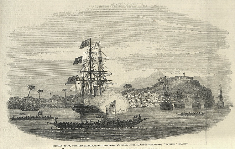 Old Calabar with King Eyo Honesty&rsquo;s Canoe and H. M. S. Rattler Saluting, 1850