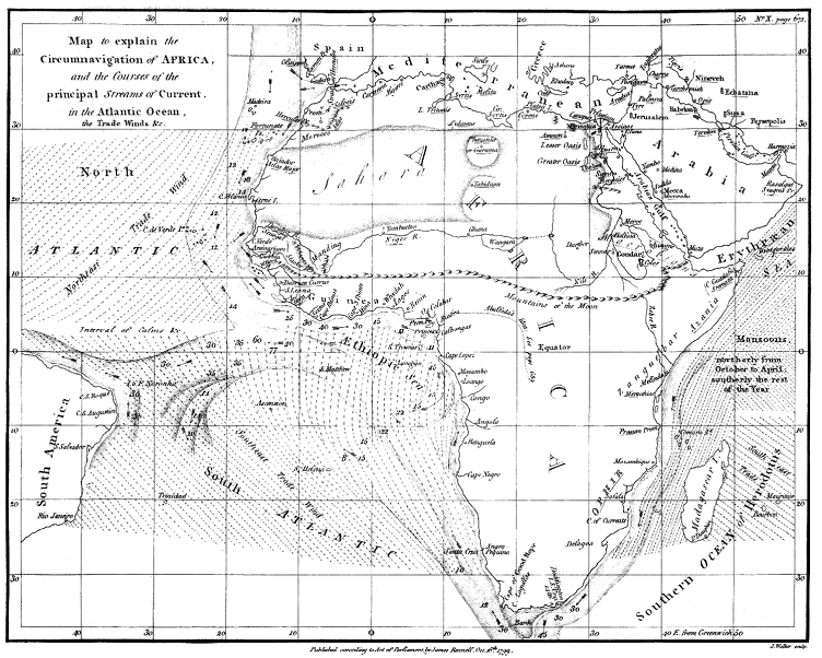 Map to explain the Circumnavigation of Africa and the courses of the principal streams of Current in the Atlantic Ocean, the Trade Winds &c., James Rennel, 1799