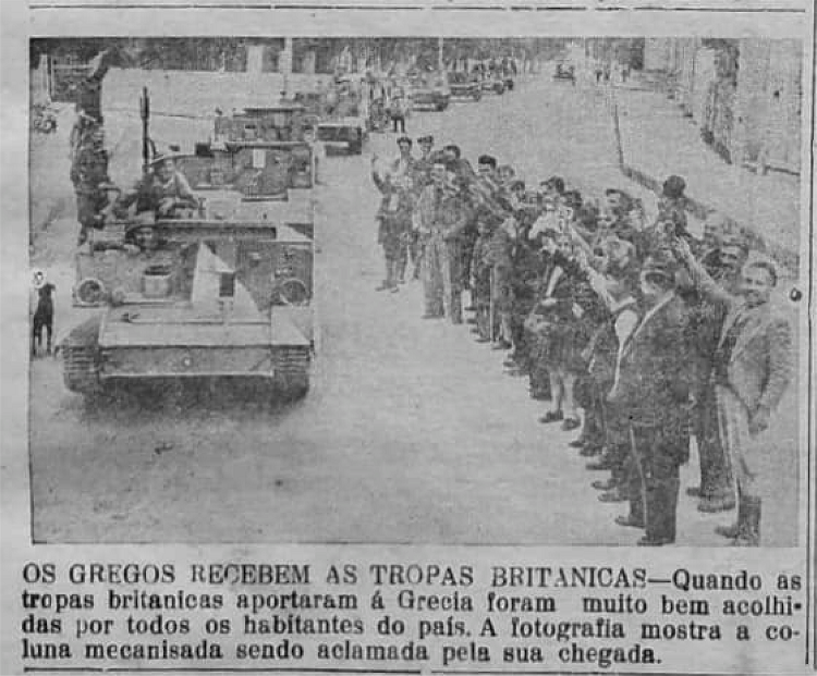 Imagem e legenda da chegada das tropas brit&acirc;nicas &agrave; Gr&eacute;cia