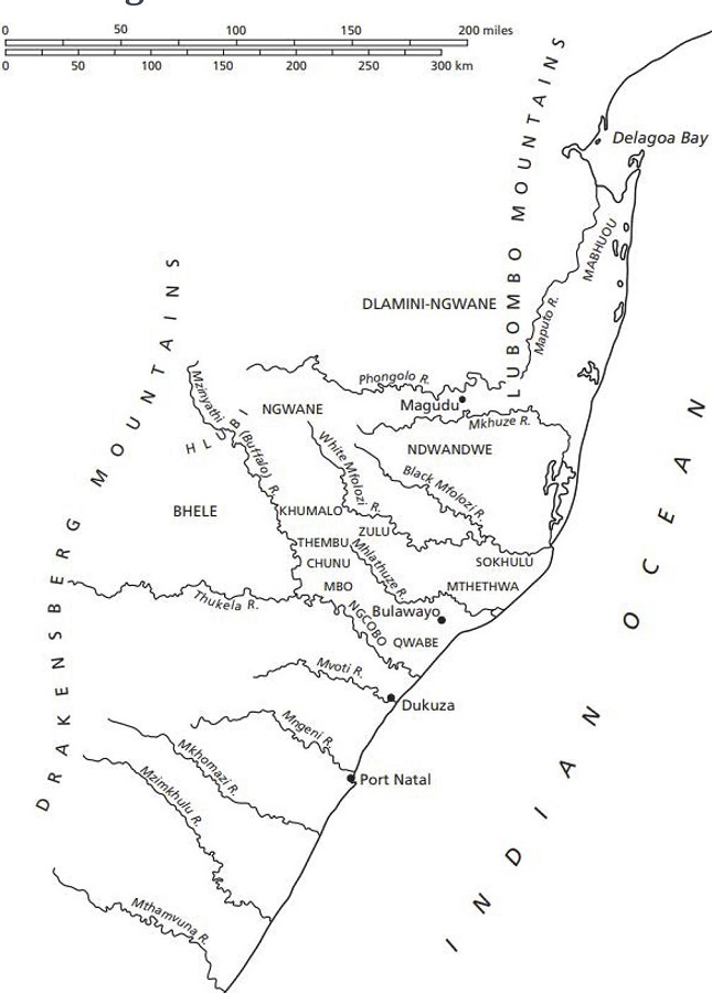 : Mapa da regi&atilde;o entre os rios Phongolo-Thukela no final do s&eacute;culo XVIII e in&iacute;cio do s&eacute;culo XIX