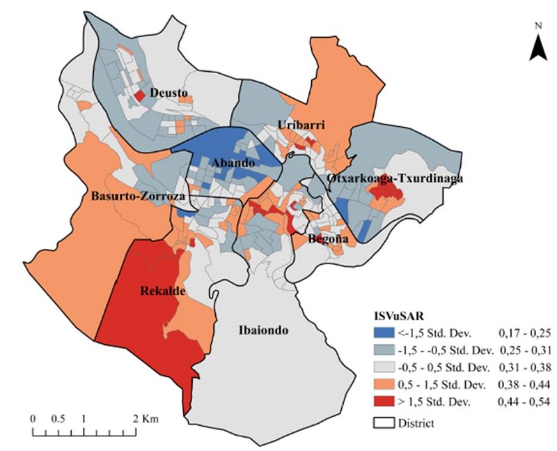The RSEVuSI results per census tract in Bilbao. Values are divided into five ranges from low vulnerability/low RSEVuSI values (bluish colours) to high vulnerability/ high RSEVUSI values (reddish colours).