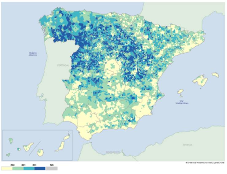 �ndice de envejecimiento municipal de Espa�a (%)