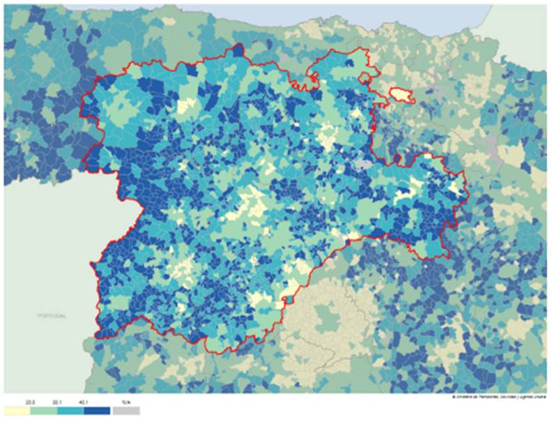 �ndice de envejecimiento municipal de la comunidad de Castilla y Le�n (%)