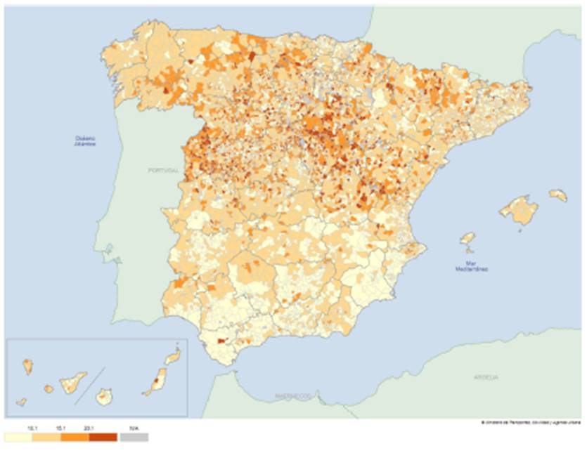 �ndice de senectud municipal de Espa�a, porcentaje en 2001