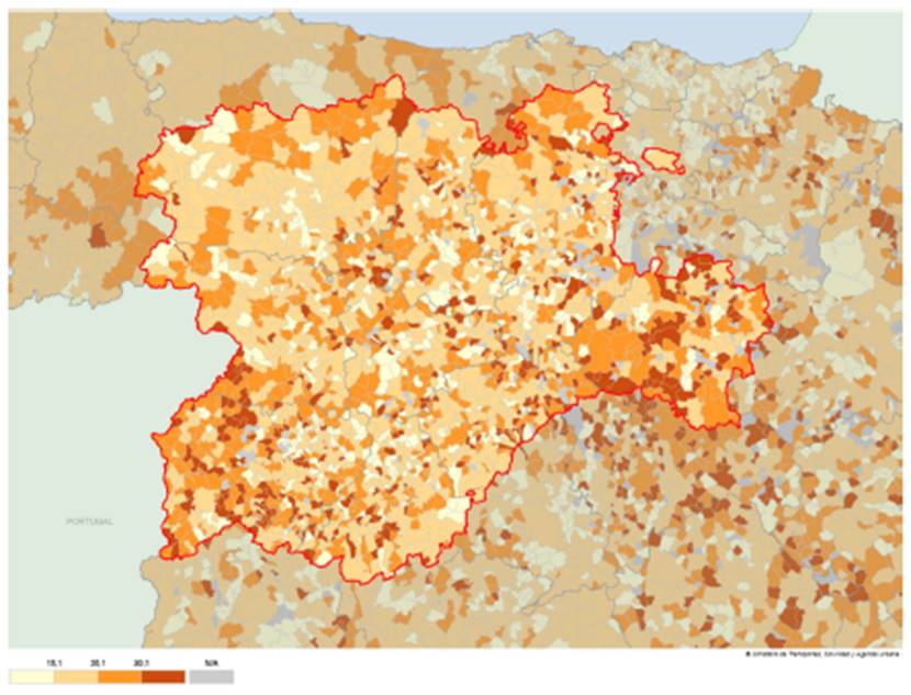 �ndice de senectud municipal en la comunidad de Castilla y Le�n, porcentaje en 2001