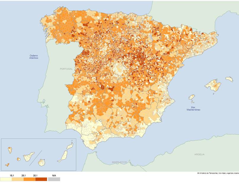 �ndice de senectud municipal de Espa�a, porcentaje en 2019