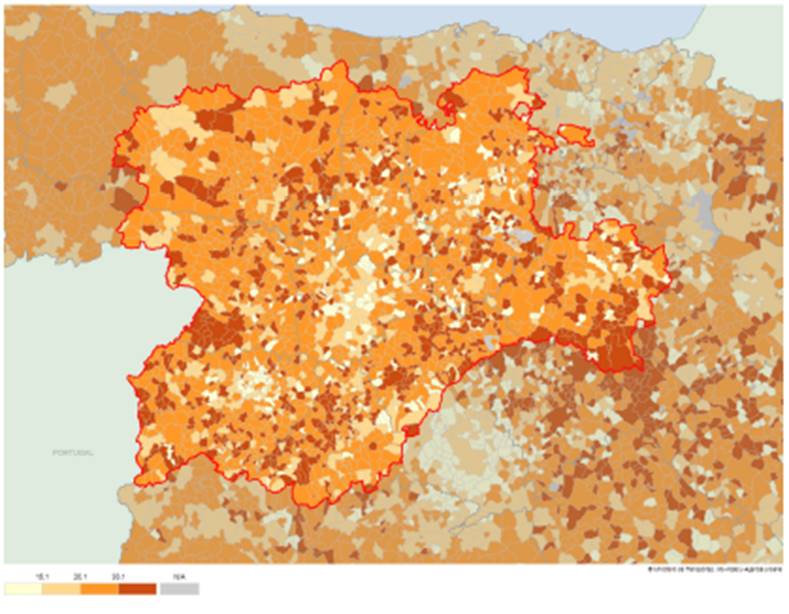 �ndice de senectud municipal en la comunidad de Castilla y Le�n, porcentaje en 2019
